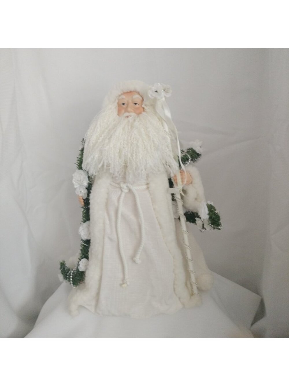 House Of Lloyd Santa Claus Tree Topper White Green Silver Gown 18” Tall 15” New